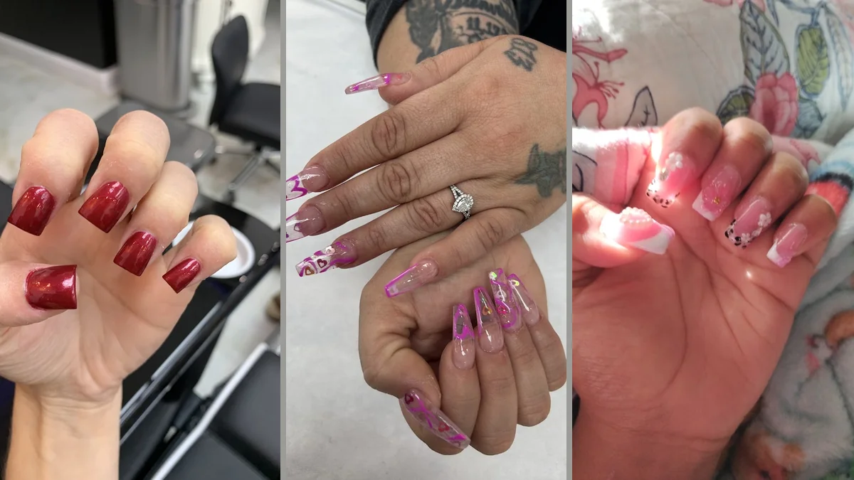 Nail salon workstations with polish bottles.