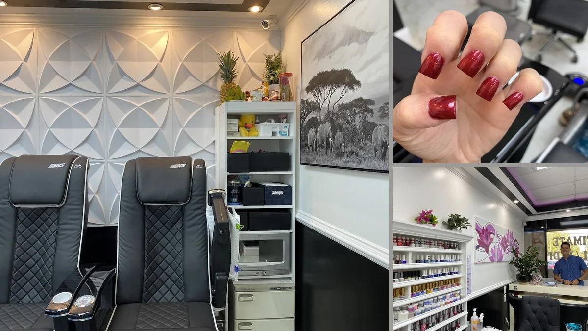 Pedicure chairs and neatly arranged nail tools.