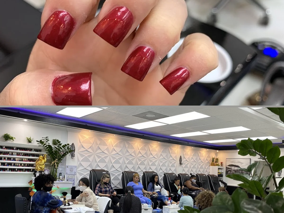 Nail salon workstations with polish bottles.